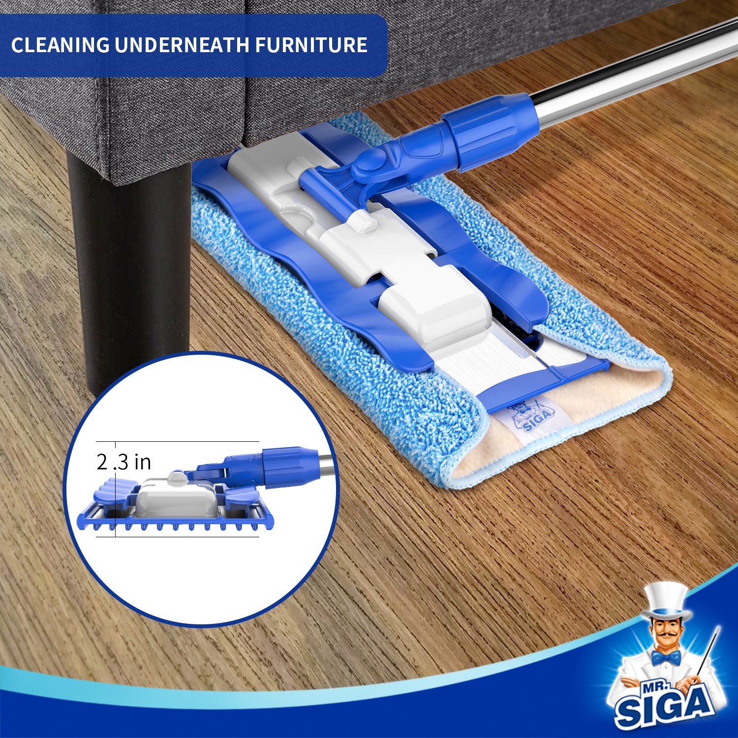 MR.SIGA Professional Microfiber Mop for Hardwood, Laminate, Tile Floor Cleaning, Stainless Steel Telescopic Handle - 3 Reusable Flat Mop Refills and 1 Dirt Removal Scrubber Included