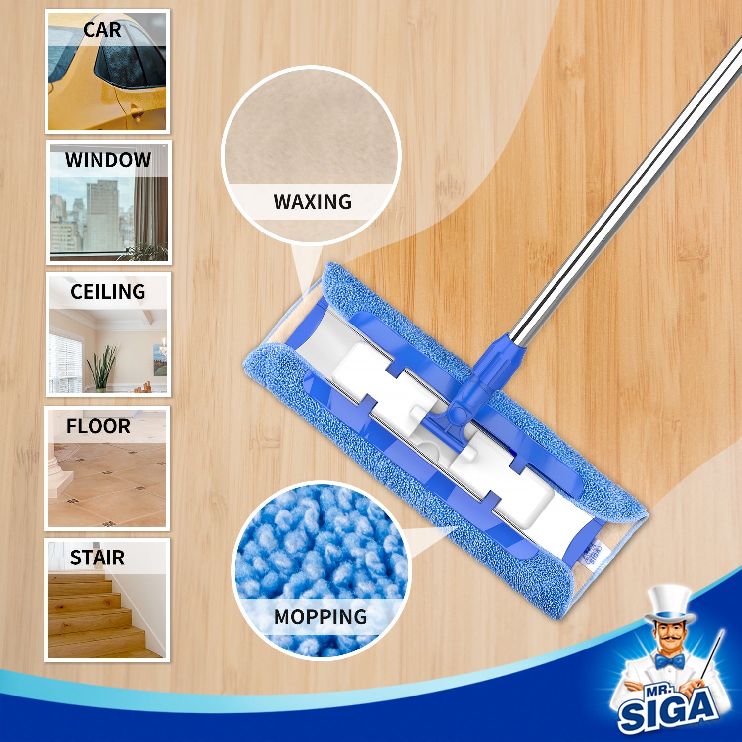 MR.SIGA Professional Microfiber Mop for Hardwood, Laminate, Tile Floor Cleaning, Stainless Steel Telescopic Handle - 3 Reusable Flat Mop Refills and 1 Dirt Removal Scrubber Included