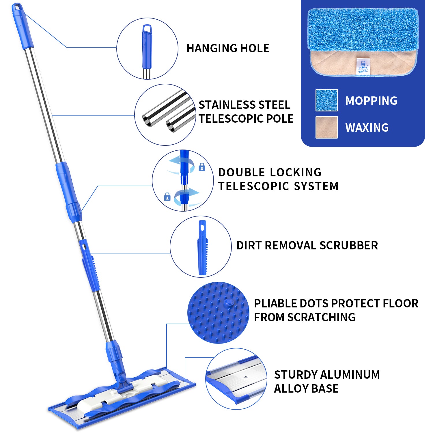 MR.SIGA Professional Microfiber Mop for Hardwood, Laminate, Include 3