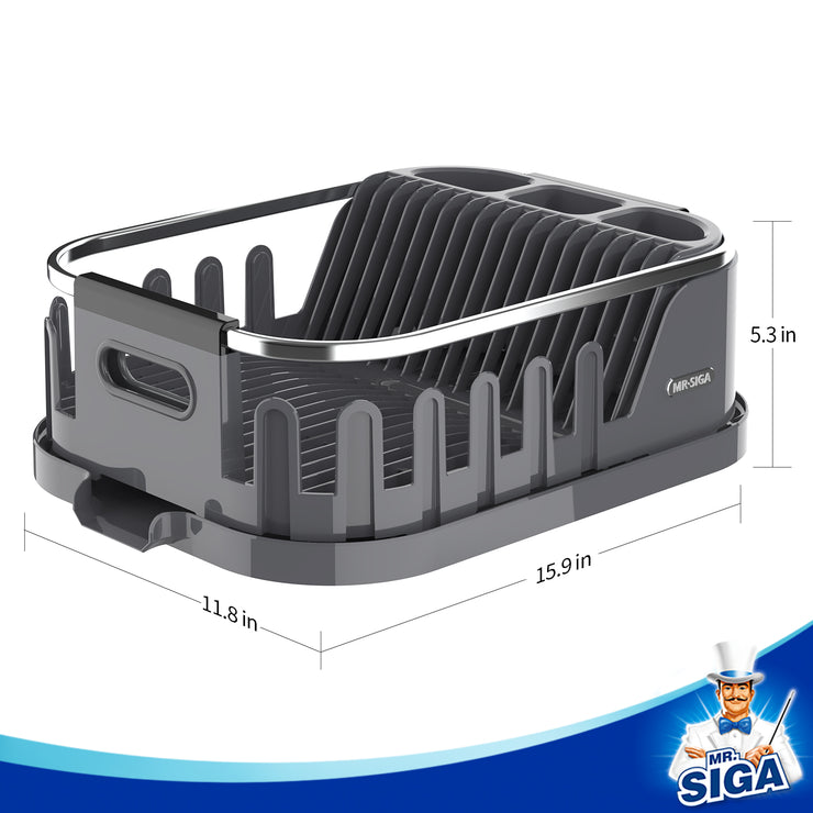 MR.SIGA Dish Drying Rack for Kitchen Counter, Compact Dish Drainer with Drainboard, Utensil Holder and Cup Rack, Grey