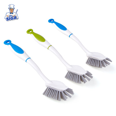 MR.SIGA Dish Brush with  Handle Built-in Scraper, for Pans, Pots, Kitchen Sink Cleaning, Pack of 3