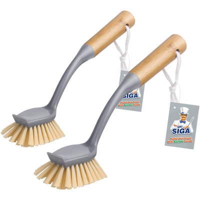 MR.SIGA Dish Brush with Long Bamboo Handle Built-in Scraper, Pack of 2