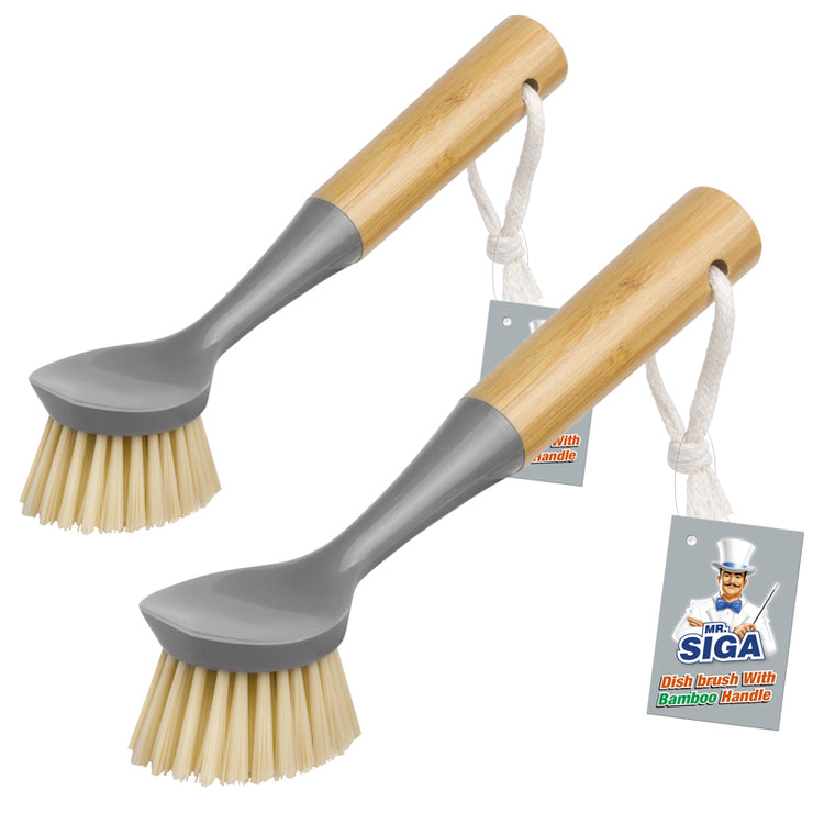 MR.SIGA Dish Brush with Bamboo Handle Built-in Scraper, Pack of 2