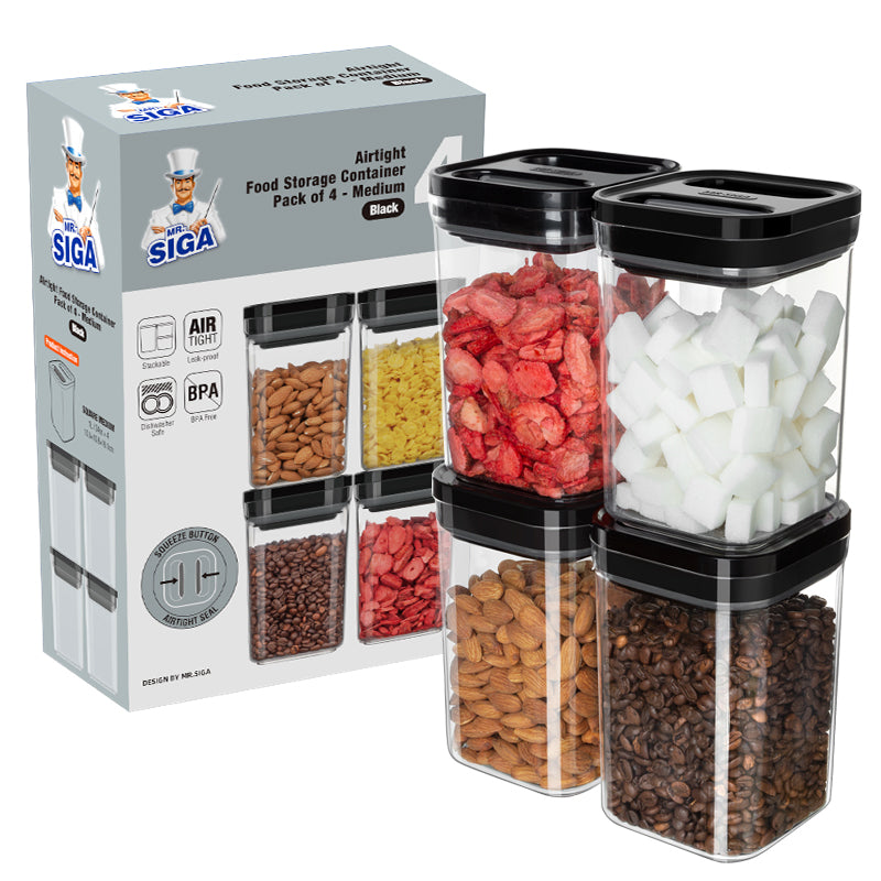 MR.SIGA 4 Pack Airtight Food Storage Container Set, BPA Free Kitchen Pantry Organization Canisters, One-Handed Airtight Cereal Snack Candy Storage Containers, 1 L / 34oz, Medium, Black